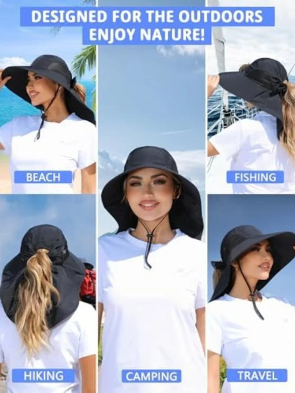 Women's UV Protection Wide Brim Sun Hat with Ponytail Hole & Neck Flap for
